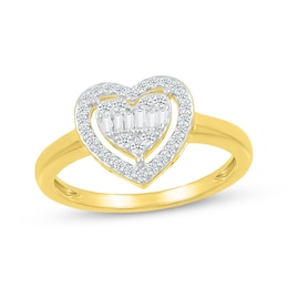 Baguette & Round-Cut Diamond Heart Halo Ring 1/4 ct tw 10K Yellow Gold