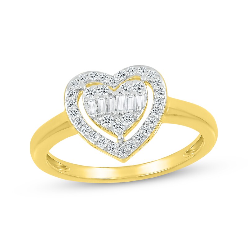 Main Image 1 of Baguette & Round-Cut Diamond Heart Halo Ring 1/4 ct tw 10K Yellow Gold