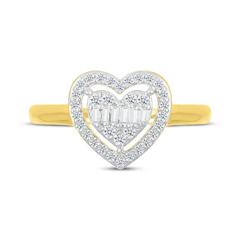 Main Image 4 of Baguette & Round-Cut Diamond Heart Halo Ring 1/4 ct tw 10K Yellow Gold