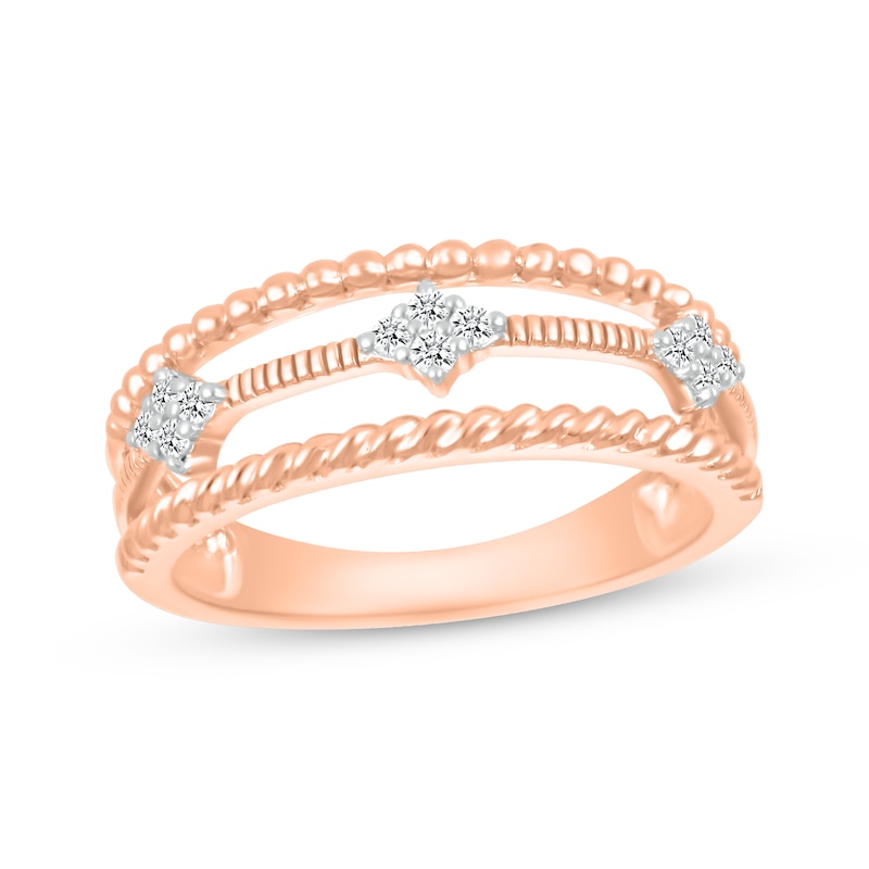 Main Image 1 of Diamond Three-Row Faux-Stack Textured Ring 1/8 ct tw 10K Rose Gold