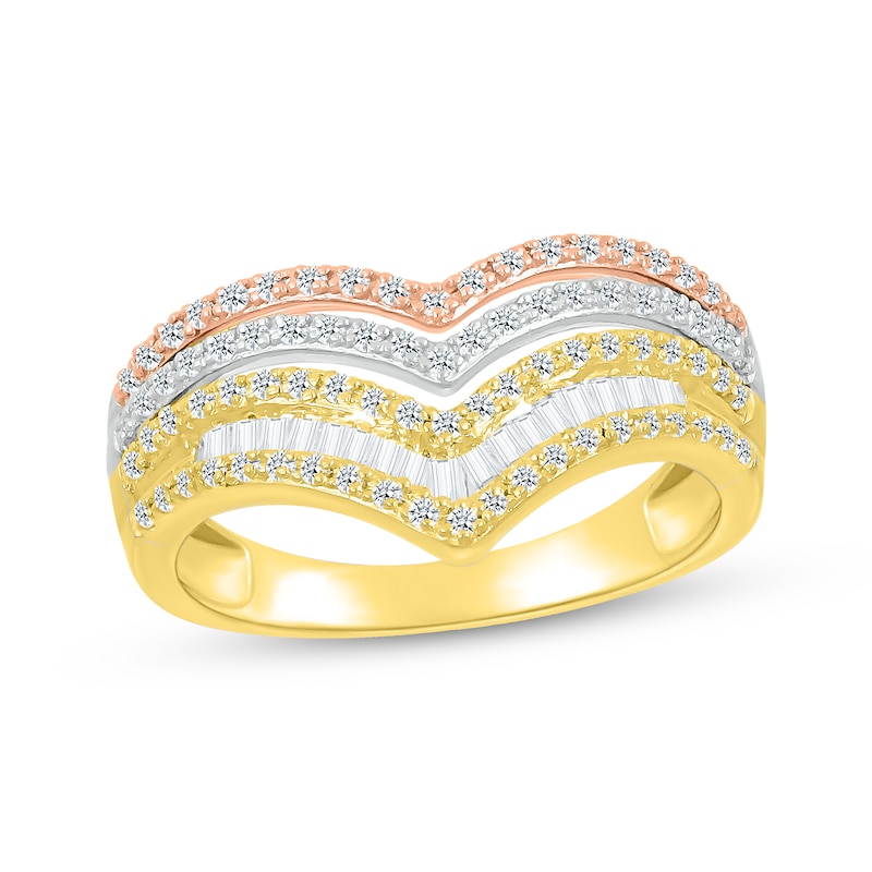 Main Image 1 of Baguette & Round-Cut Diamond Chevron Faux-Stack Ring 1/2 ct tw 10K Tri-Tone Gold