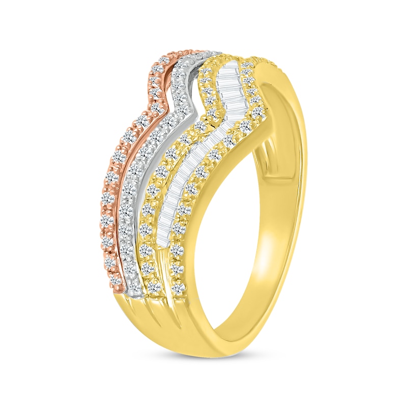 Main Image 2 of Baguette & Round-Cut Diamond Chevron Faux-Stack Ring 1/2 ct tw 10K Tri-Tone Gold