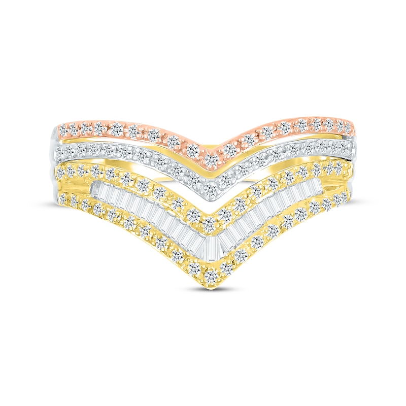 Main Image 4 of Baguette & Round-Cut Diamond Chevron Faux-Stack Ring 1/2 ct tw 10K Tri-Tone Gold