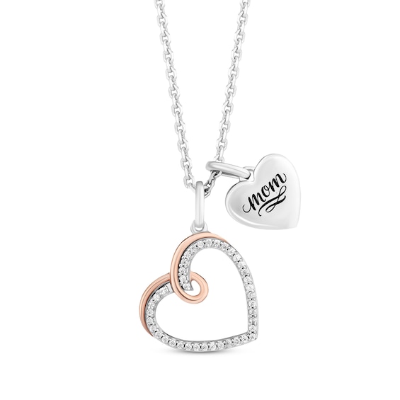 Hallmark Diamonds "Mom" Heart Charm Necklace 1/10 ct tw Sterling Silver & 10K Rose Gold 18"