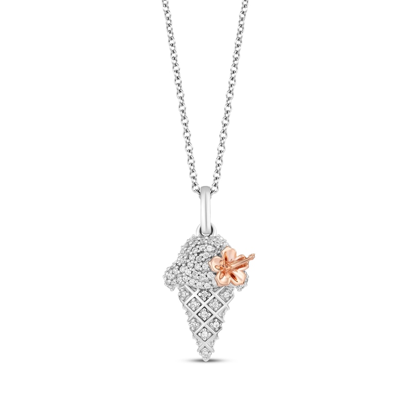 Disney Treasures Lilo & Stitch Diamond Ice Cream Cone Necklace 1/6 ct tw Sterling Silver & 10K Rose Gold 19"