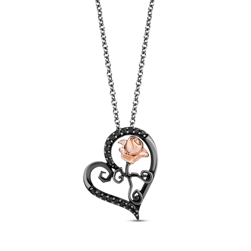 Disney Belle Inspired Diamond Rose with Heart Pendant Necklace in 10K Sterling Silver & Rose Gold 1/6 Cttw | Enchanted Disney Fine Jewelry