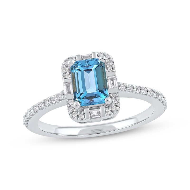 Main Image 1 of Emerald-Cut Swiss Blue Topaz & White Lab-Created Sapphire Ring Sterling Silver