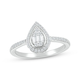 Baguette & Round-Cut Multi-Diamond Pear-Shaped Ring 1/4 ct tw Sterling Silver