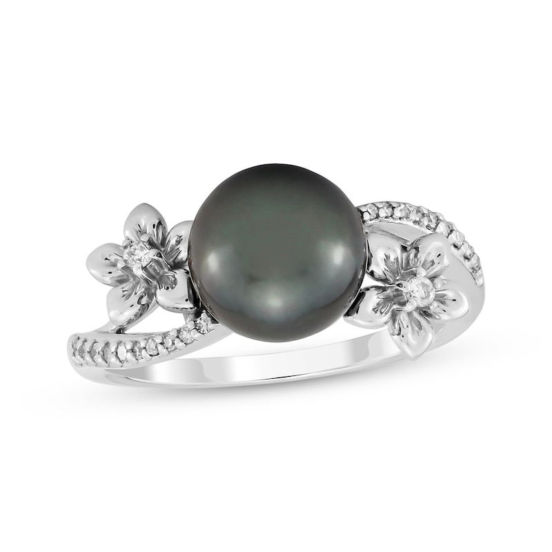 Main Image 1 of Tahitian Cultured Pearl & Diamond Flower Bypass Ring 1/15 ct tw 10K White Gold