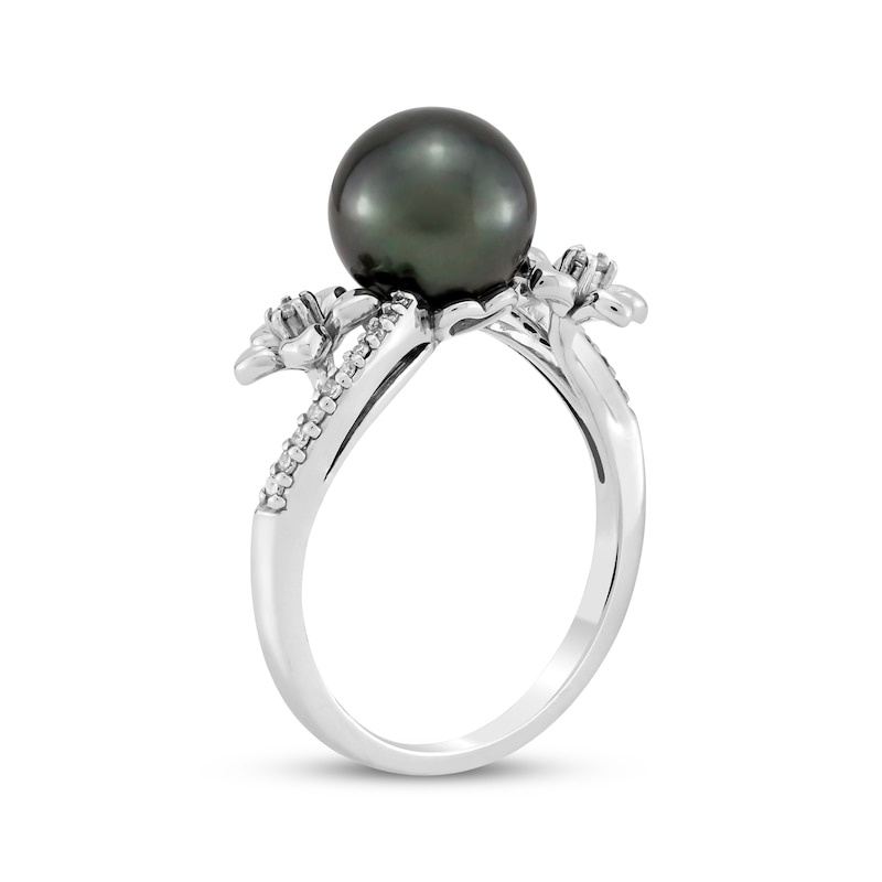 Main Image 2 of Tahitian Cultured Pearl & Diamond Flower Bypass Ring 1/15 ct tw 10K White Gold