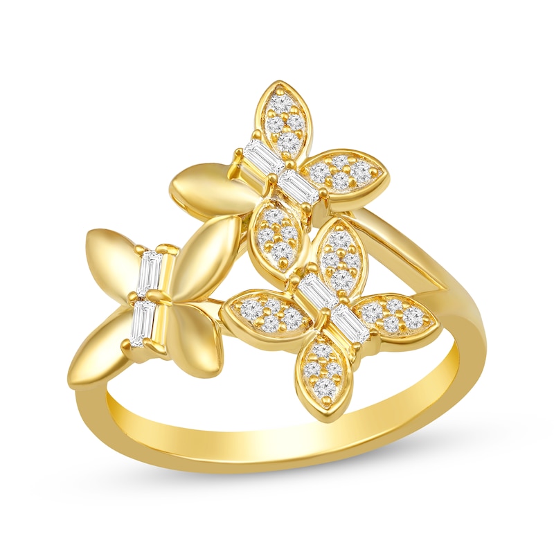 Main Image 1 of Baguette & Round-Cut Diamond Butterfly Trio Ring 1/5 ct tw 10K Yellow Gold