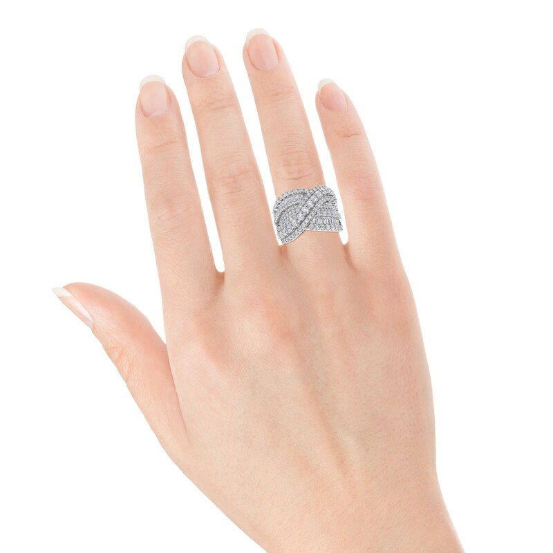 Main Image 4 of Baguette & Round-Cut Diamond Multi-Row Wave Crossover Ring 3 ct tw 10K White Gold