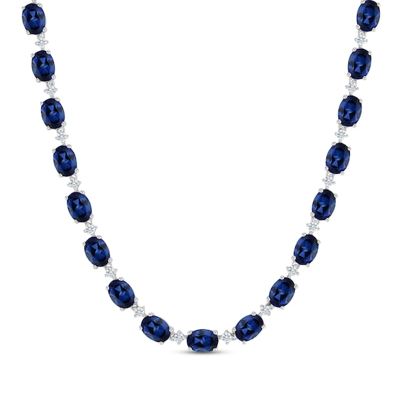 Oval-Cut Blue Lab-Created Sapphire & White Lab-Created Sapphire Tennis Necklace Sterling Silver 17"