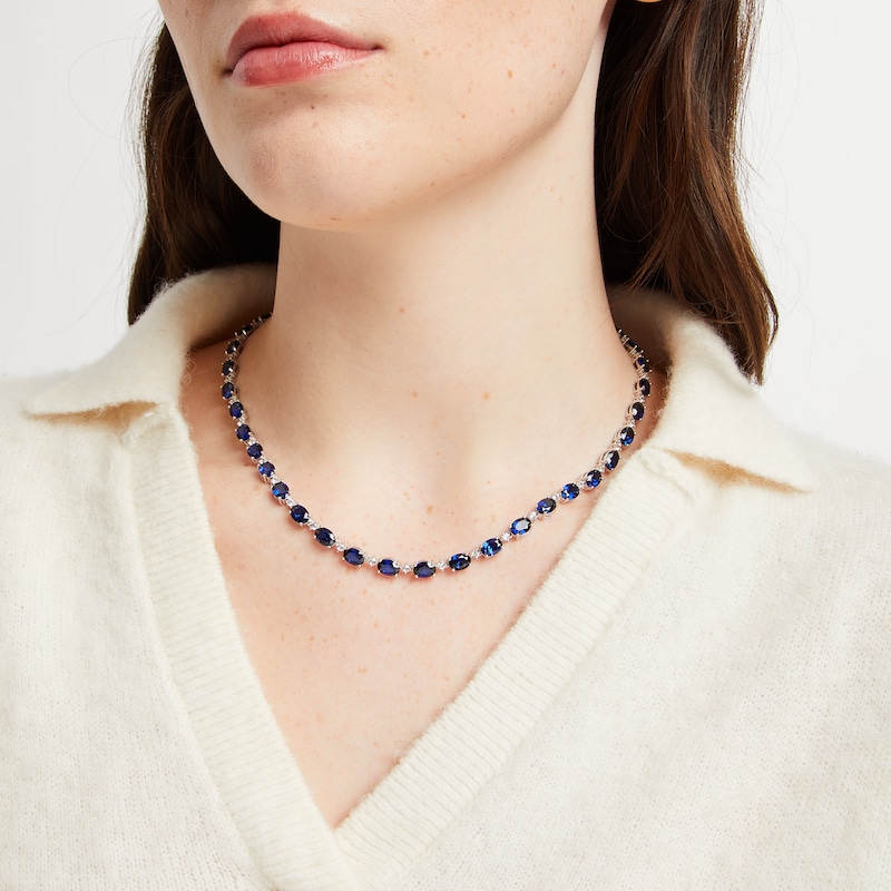 Main Image 3 of Oval-Cut Blue Lab-Created Sapphire & White Lab-Created Sapphire Tennis Necklace Sterling Silver 17&quot;