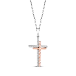 Hallmark Diamonds Double Cross Twist Necklace 1/15 ct tw Sterling Silver & 10K Rose Gold 18"