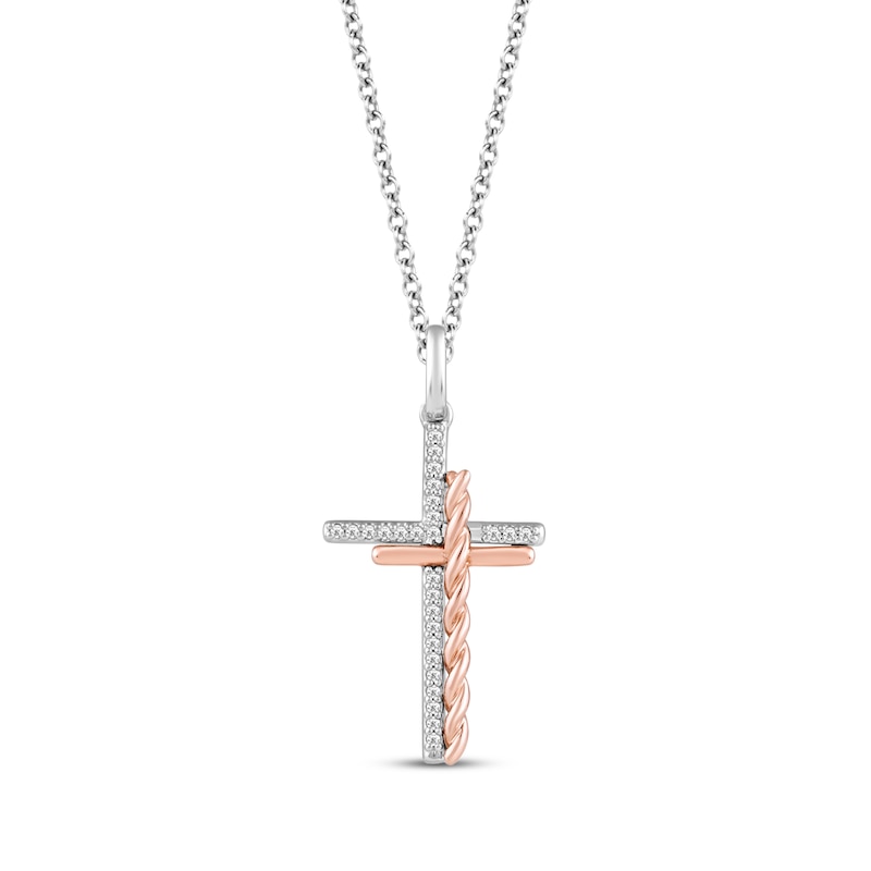 Main Image 1 of Hallmark Diamonds Double Cross Twist Necklace 1/15 ct tw Sterling Silver & 10K Rose Gold 18&quot;