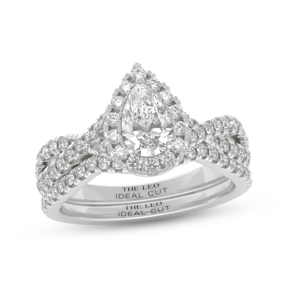 THE LEO Ideal Cut Diamond Pear-Shaped Halo Bridal Set 1-1/8 ct tw 14K White Gold