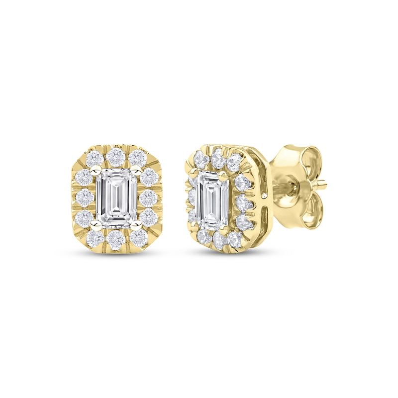 Main Image 1 of KAY Lab-Grown Diamonds Emerald-Cut Halo Stud Earrings 3/4 ct tw 10K Yellow Gold