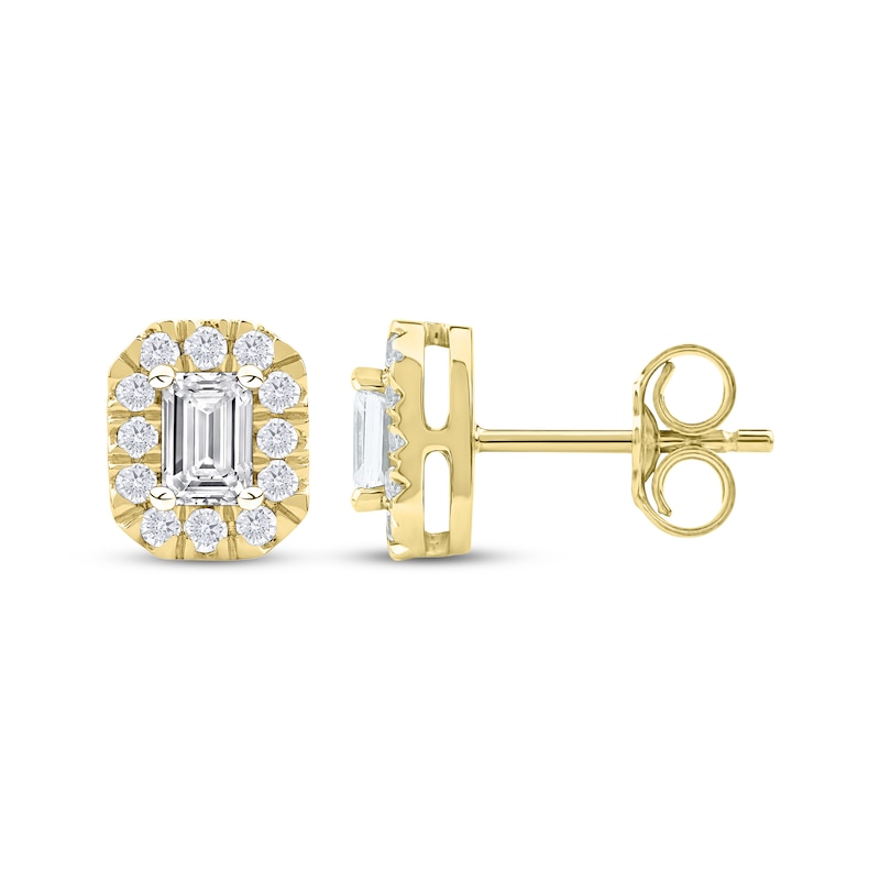 Main Image 3 of KAY Lab-Grown Diamonds Emerald-Cut Halo Stud Earrings 3/4 ct tw 10K Yellow Gold