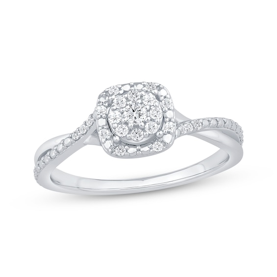 14k White Gold Cushion Center Diamond Complete Promise / Engagement Ring