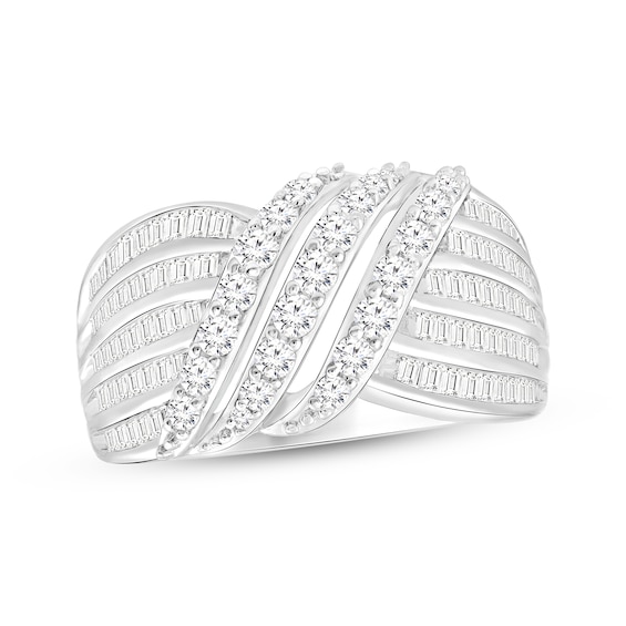Baguette & Round-Cut Diamond Multi-Row Crossover Ring 1 ct tw 10K White Gold