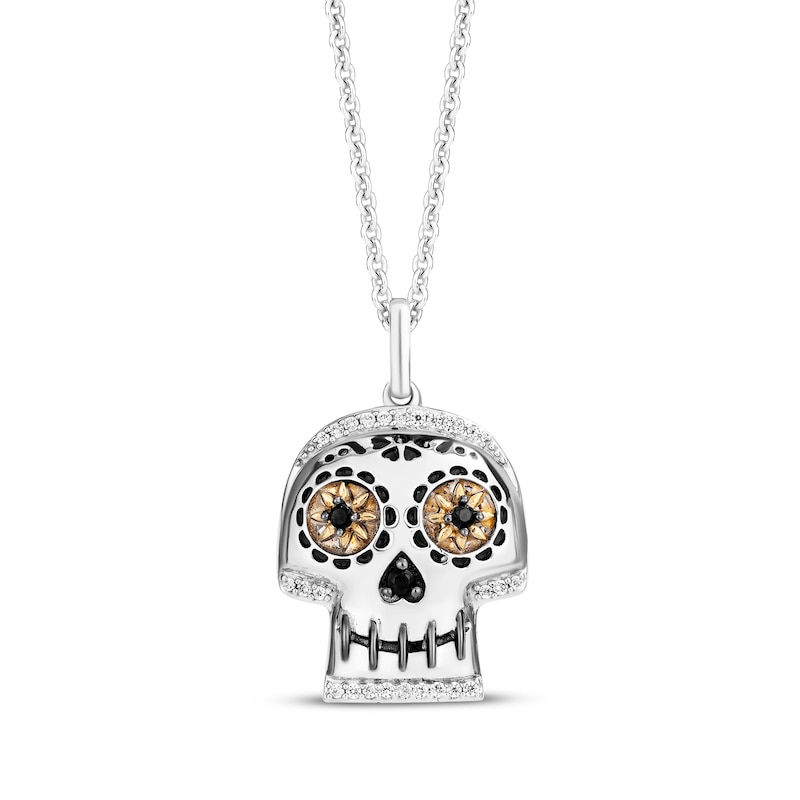 Disney Treasures Coco Black & White Diamond Sugar Skull Necklace 1/10 ct tw Sterling Silver & 10K Yellow Gold 19"