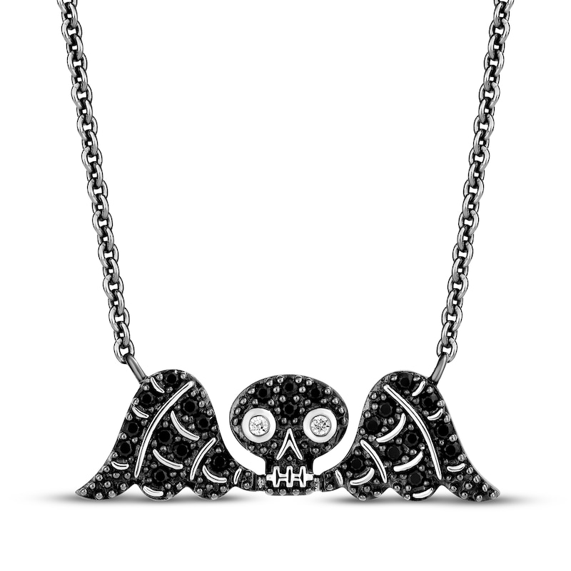 Disney Treasures Hocus Pocus Black & White Diamond Winged Skull Necklace 1/5 ct tw Black Rhodium Sterling Silver 18"