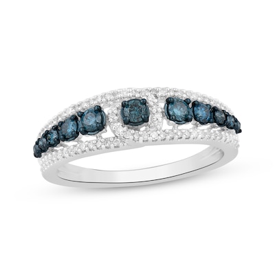 Blue & White Diamond Triple Row Fashion Ring 1/2 ct tw Sterling 