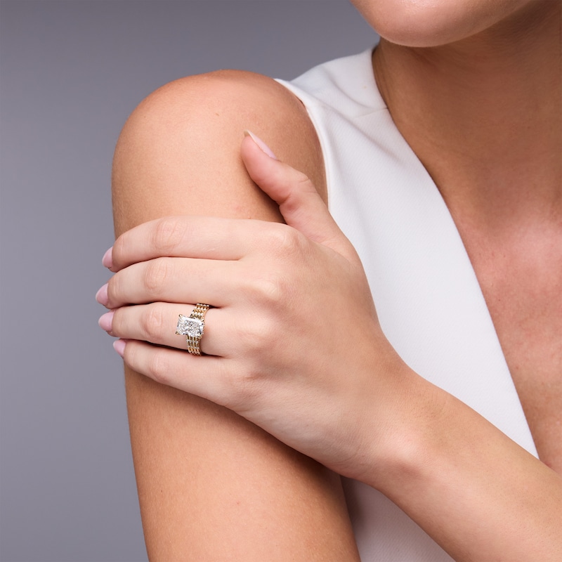 Main Image 4 of Now + Forever Lab-Grown Diamonds Radiant-Cut Hidden Halo Engagement Ring 3-1/4 ct tw 14K Yellow Gold