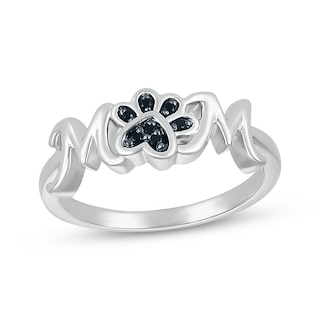 "Mom" Black Diamond Accent Paw Print Ring Sterling Silver