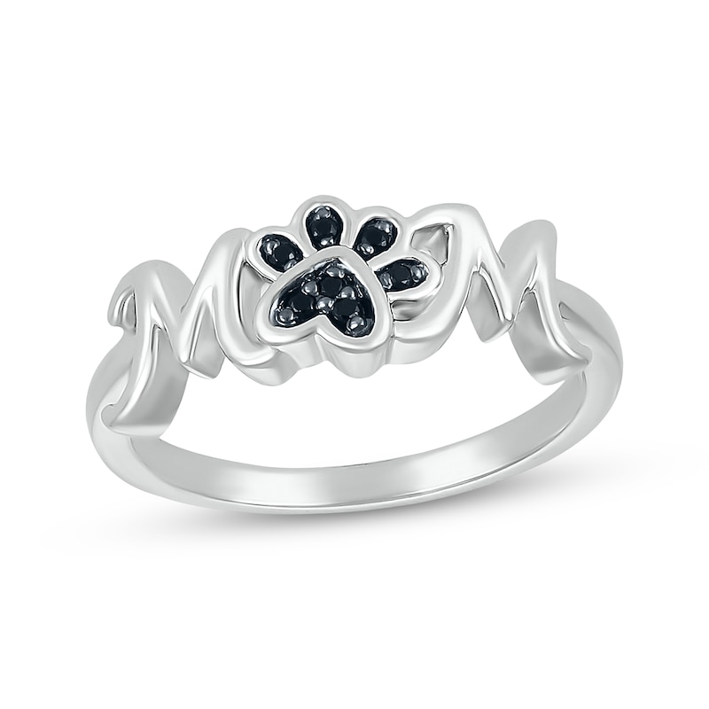 "Mom" Black Diamond Accent Paw Print Ring Sterling Silver