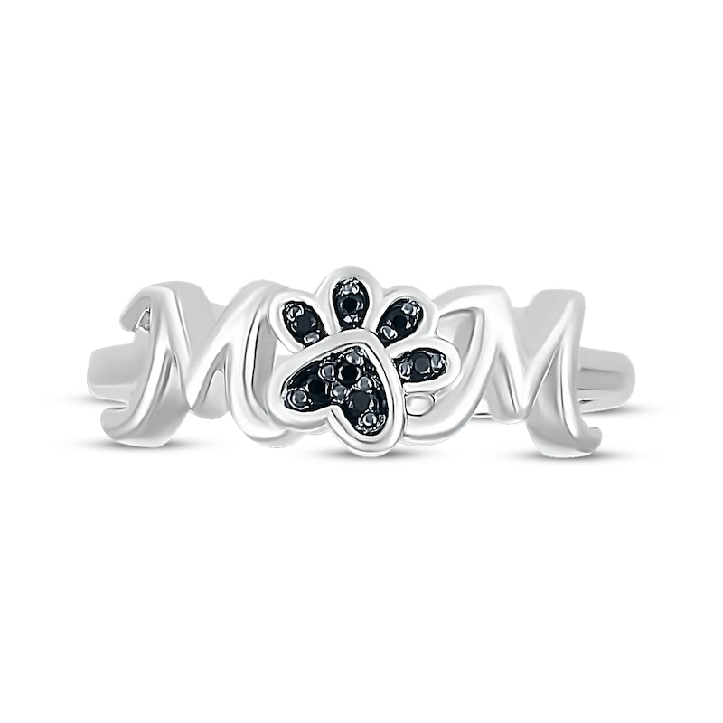 "Mom" Black Diamond Accent Paw Print Ring Sterling Silver