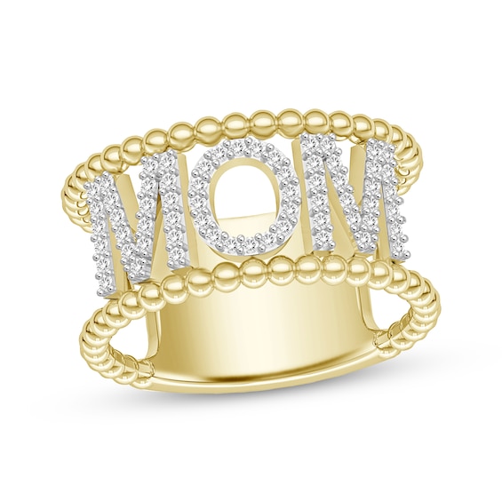 Diamond "Mom" Beaded Edge Ring 1/4 ct tw 10K Yellow Gold