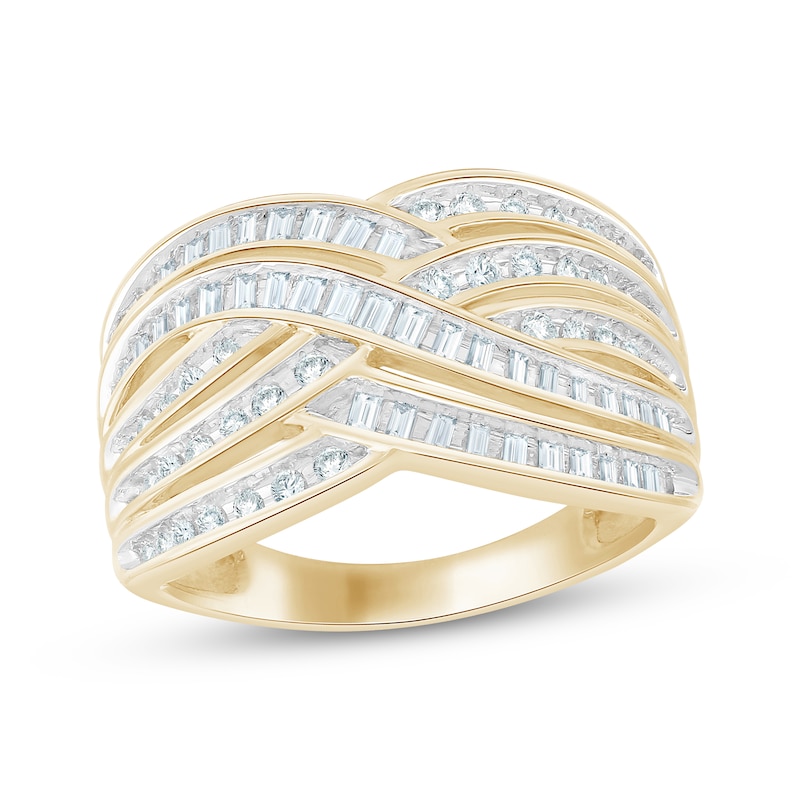 Main Image 1 of Baguette & Round-Cut Diamond Crossover Ring 1/2 ct tw 10K Yellow Gold