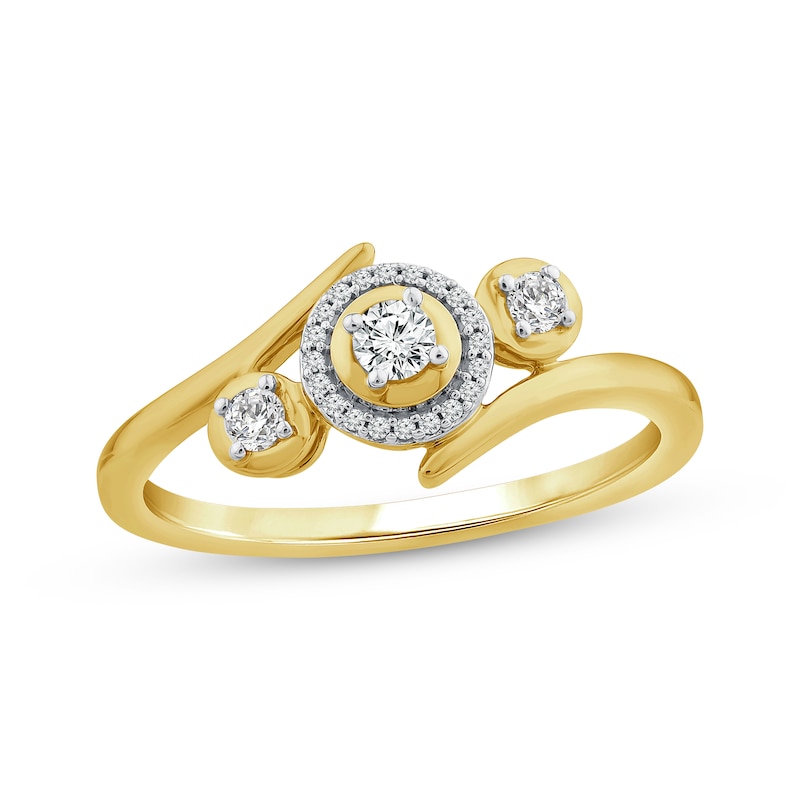 Main Image 1 of Memories Moments Magic Diamond Three-Stone Bypass Ring 1/5 ct tw 10K Yellow Gold