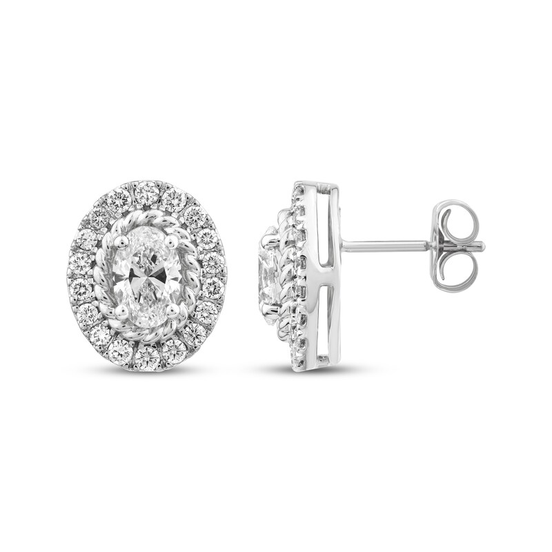 Main Image 3 of Threads of Love Oval-Cut Lab-Grown Diamond Halo Earrings 1-1/2 ct tw 14K White Gold