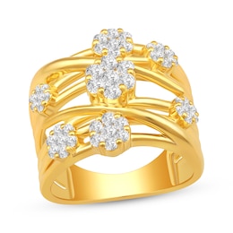 Diamond Flower Cluster Crossover Ring 1 ct tw 10K Yellow Gold