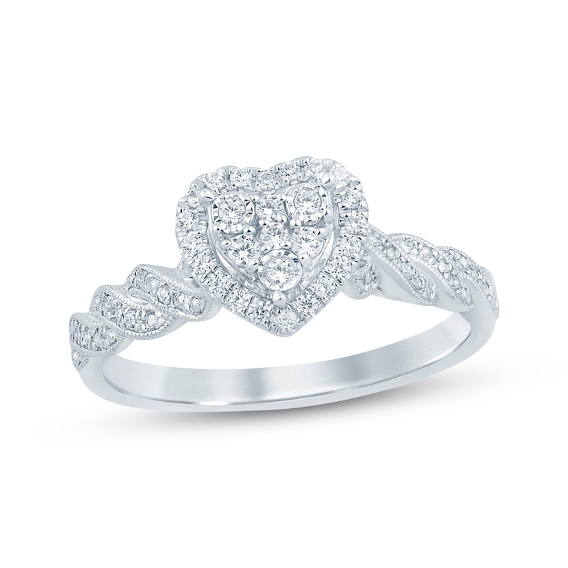 Main Image 1 of Multi-Diamond Heart Halo Twist Promise Ring 1/5 ct tw 10K White Gold