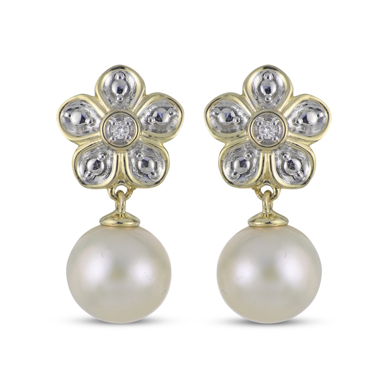 Main Image 2 of Cultured Pearl & Diamond Accent Flower Drop Earrings 10K Yellow Gold