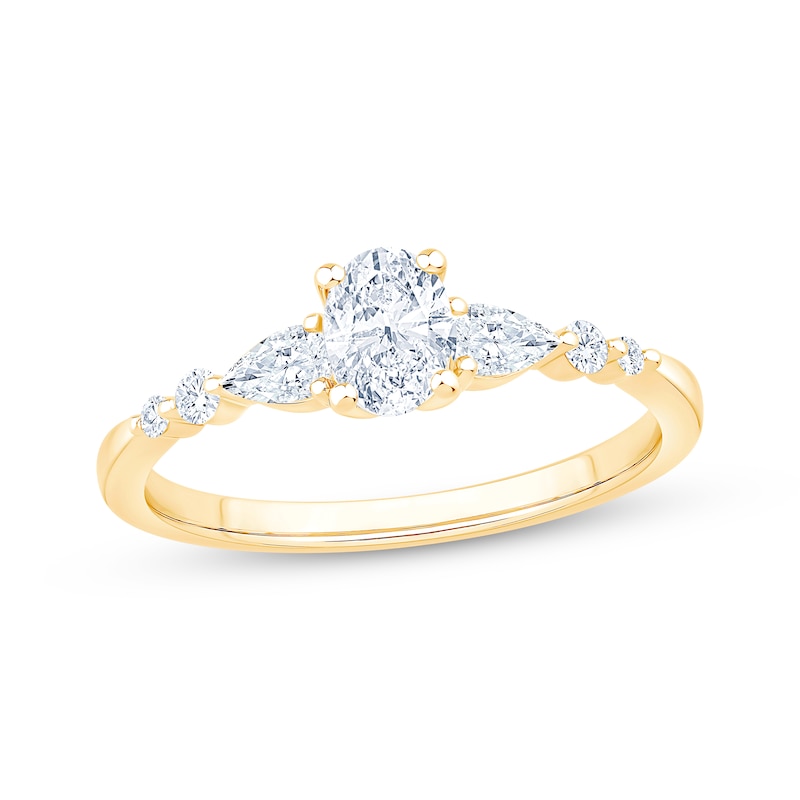 Main Image 1 of Now + Forever Lab-Grown Diamonds Oval-Cut & Pear-Shaped Three-Stone Engagement Ring 5/8 ct tw 14K Yellow Gold
