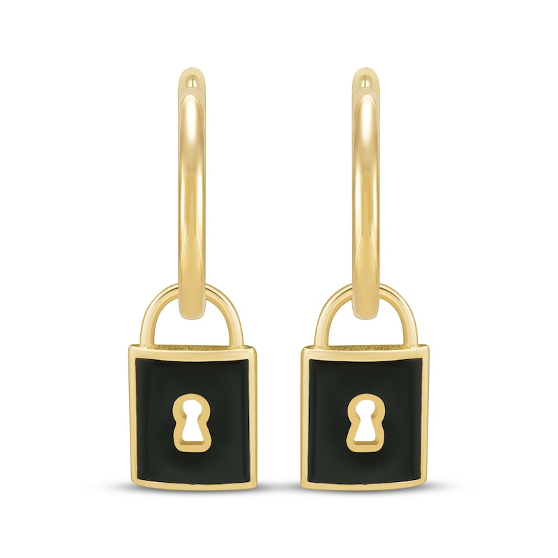 Main Image 2 of Charmed Memories Enamel Lock Dangle Hoop Earrings 10K Yellow Gold