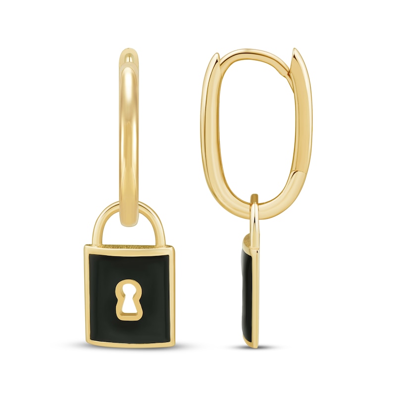 Main Image 3 of Charmed Memories Enamel Lock Dangle Hoop Earrings 10K Yellow Gold