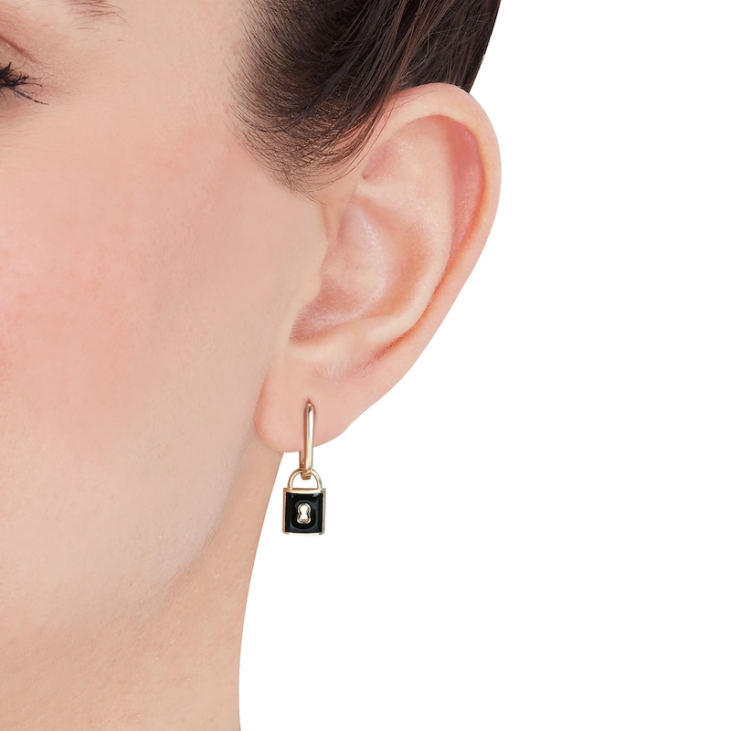 Main Image 4 of Charmed Memories Enamel Lock Dangle Hoop Earrings 10K Yellow Gold