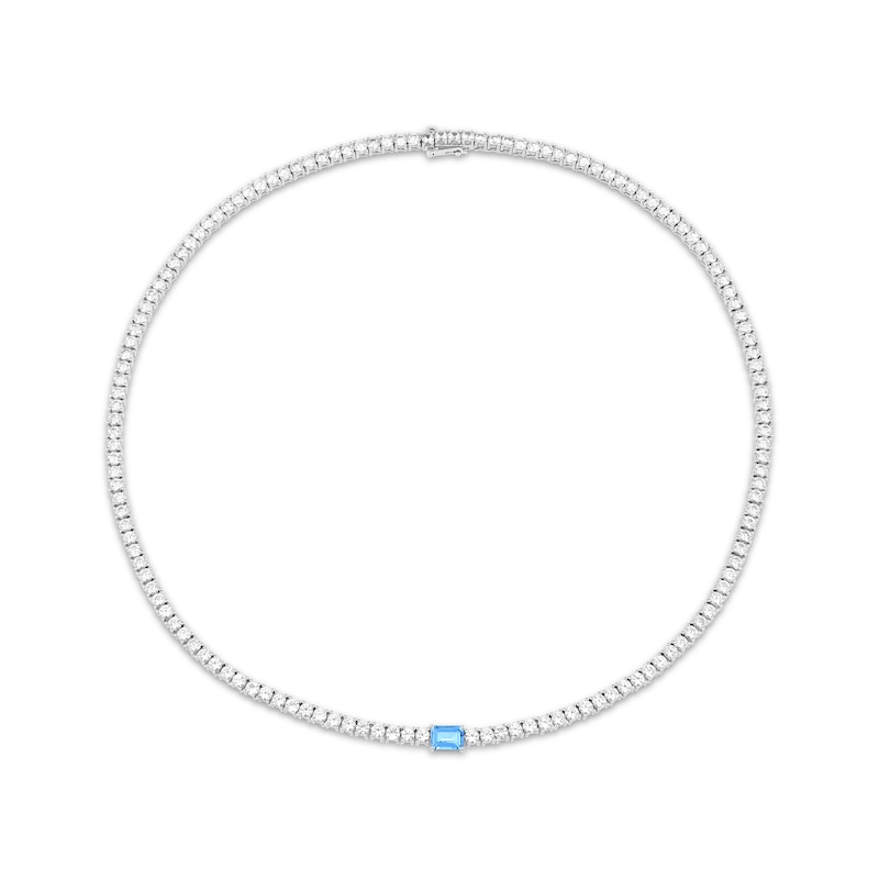 Main Image 1 of Emerald-Cut Swiss Blue Topaz & White Lab-Created Sapphire Necklace Sterling Silver 17.72&quot;