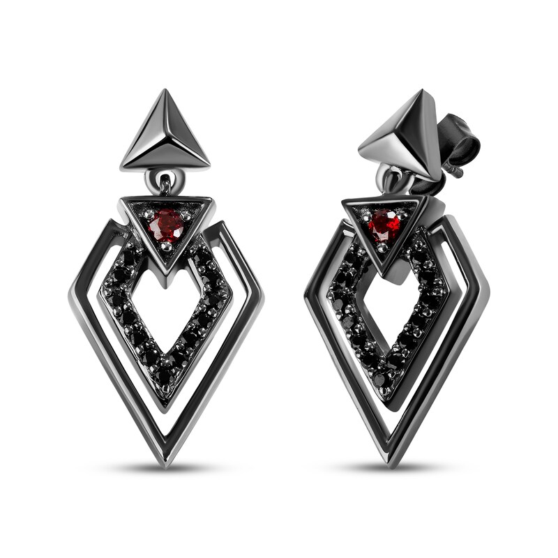 Main Image 1 of Star Wars Darth Vader Garnet & Black Diamond Drop Earrings 1/5 ct tw Black Rhodium-Plated Sterling Silver