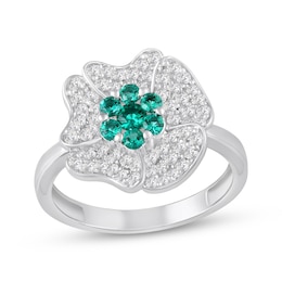 Lab-Created Emerald & White Lab-Created Sapphire Flower Ring Sterling Silver