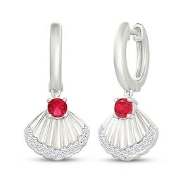 Lab-Created Ruby & White Lab-Created Sapphire Seashell Dangle Hoop Earrings Sterling Silver