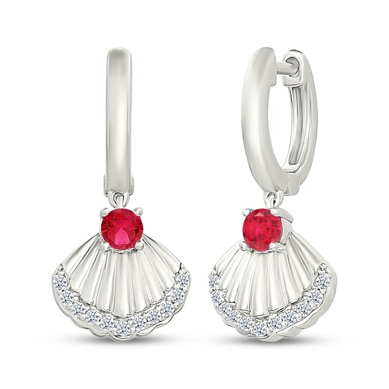 Lab-Created Ruby & White Lab-Created Sapphire Seashell Dangle Hoop Earrings Sterling Silver