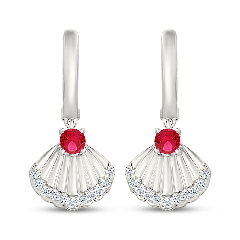 Main Image 2 of Lab-Created Ruby & White Lab-Created Sapphire Seashell Dangle Hoop Earrings Sterling Silver
