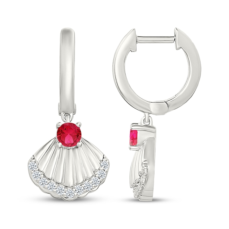 Main Image 3 of Lab-Created Ruby & White Lab-Created Sapphire Seashell Dangle Hoop Earrings Sterling Silver